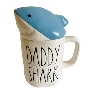 Rae Dunn DADDY SHARK Mug Shark Topper Blue White